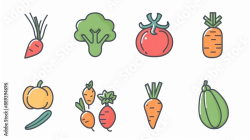 Wallpaper Mural Set of 9 vegetable icons, modern and symmetrically arranged on white background Torontodigital.ca