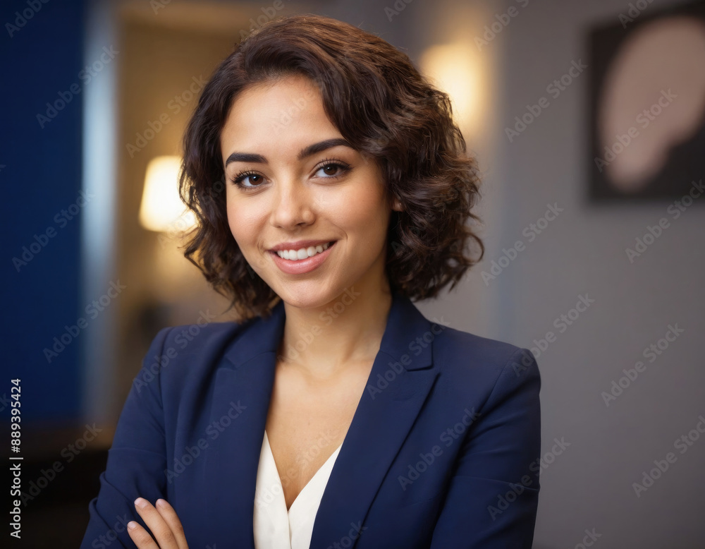 Indoor image of a smiling young woman in a blue blazer, standing confidently with folded arms, capturing a moment of friendly professionalism in a well-lit office environment. Indoor image of a smiling young woman in a blue blazer, standing confidently with folded arms, capturing a moment of friendly professionalism in a well-lit office environment.