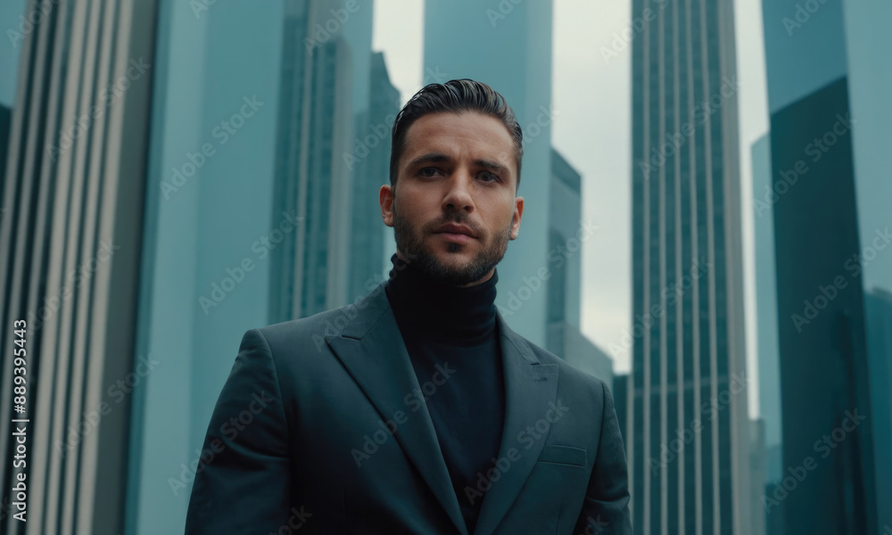 Fototapeta premium A sophisticated image of a stylish man in a suit standing among skyscrapers. His confident stance and modern attire reflect urban sophistication and the contemporary lifestyle, creating a powerful vis