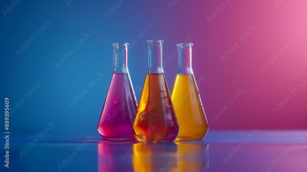 Chemical flasks with colored liquids minimal clean background bright studio lighting emphasizing the transparency and colors Chemical flasks with colored liquids minimal clean background bright studio lighting emphasizing the transparency and colors