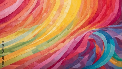 A dynamic and abstract representation of the LGBT flag using bright, swirling colors and geometric shapes.