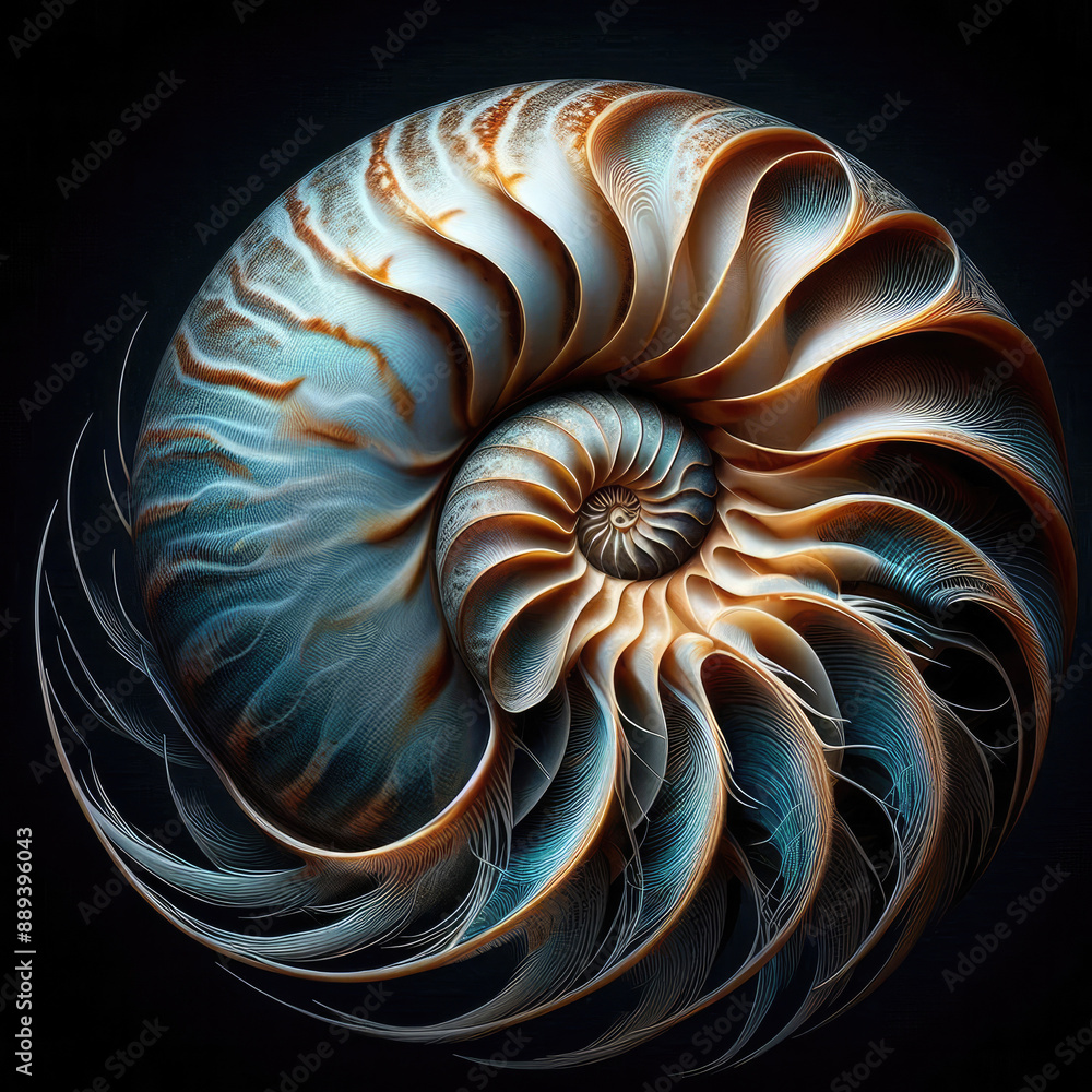 A complex fractal shell design featuring a blend of vivid blue and golden hues in a spiral shape, evoking the intricate and captivating patterns found in nature. A complex fractal shell design featuring a blend of vivid blue and golden hues in a spiral shape, evoking the intricate and captivating patterns found in nature.