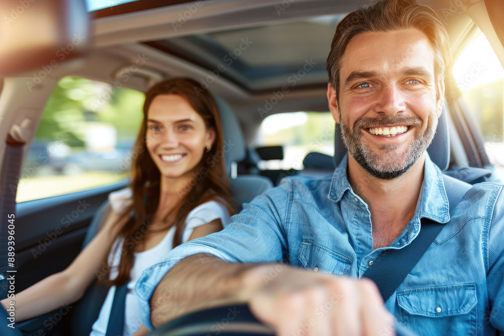 A happy man and woman enjoying a car ride together, with the man reaching out and sunlight streaming in A happy man and woman enjoying a car ride together, with the man reaching out and sunlight streaming in