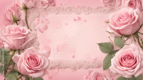 Romantic pastel background with a delicate border of beautiful pink roses for Valentine