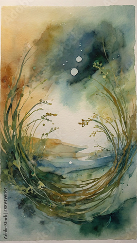 Watercolor painting: Organic abstract painting with a focus on evoking a sense of serenity and mindfulness. The artwork utilizes gentle brushstrokes and soothing colors