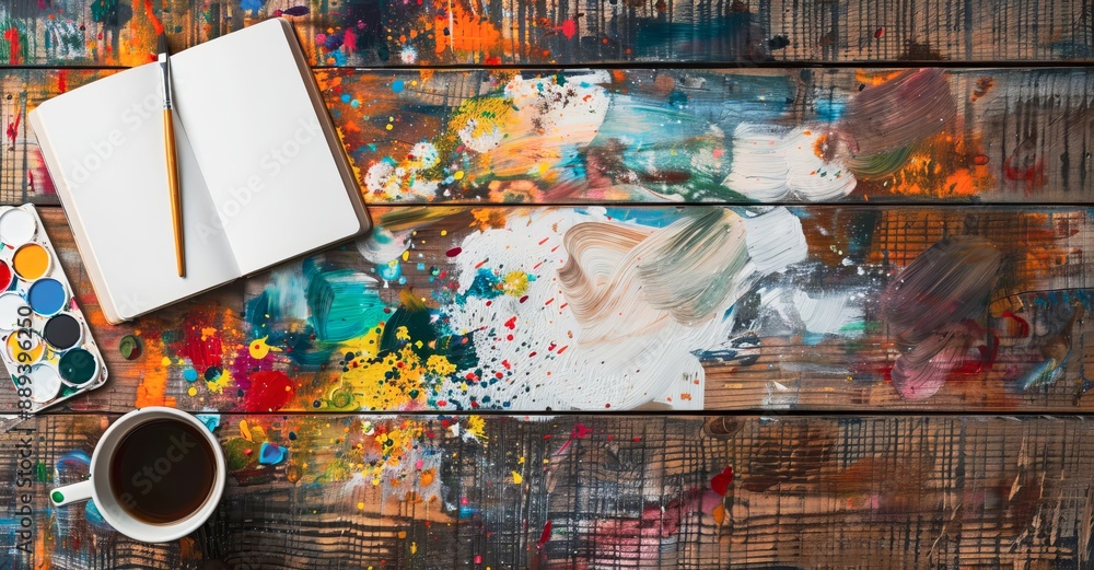 A paint-splattered wooden table displays a blank notebook, a paintbrush, a palette of watercolor paints, and a cup of coffee, inviting creativity and inspiration. A paint-splattered wooden table displays a blank notebook, a paintbrush, a palette of watercolor paints, and a cup of coffee, inviting creativity and inspiration.