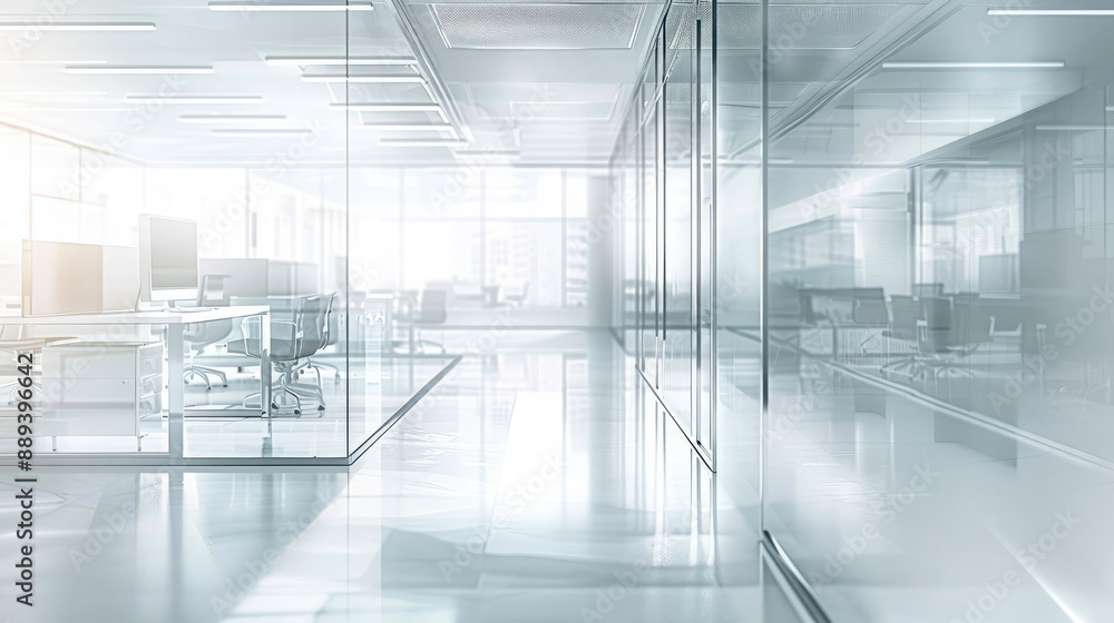 A modern office space with glass partitions reflecting sunlight, creating a bright and airy atmosphere A modern office space with glass partitions reflecting sunlight, creating a bright and airy atmosphere