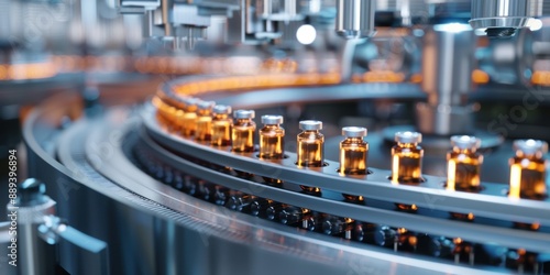 utomated pharmaceutical vials on hightech production line photo