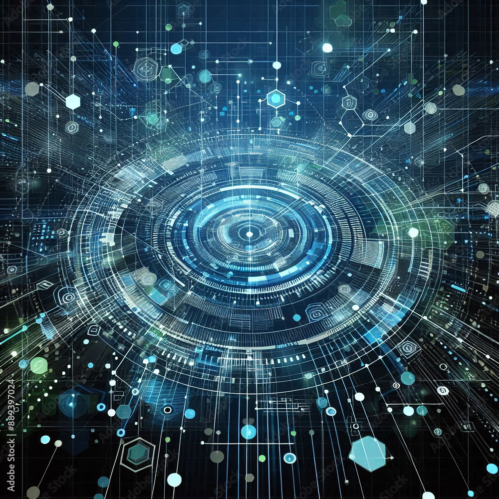 Fototapeta premium A digital futuristic artwork featuring a complex circuit design with concentric circles and technical elements, representing advanced technology and connectivity in a high-tech visual.