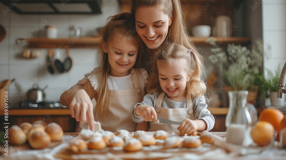 Fototapeta premium Mom with little daughter cooking delicious food in a kitchen
