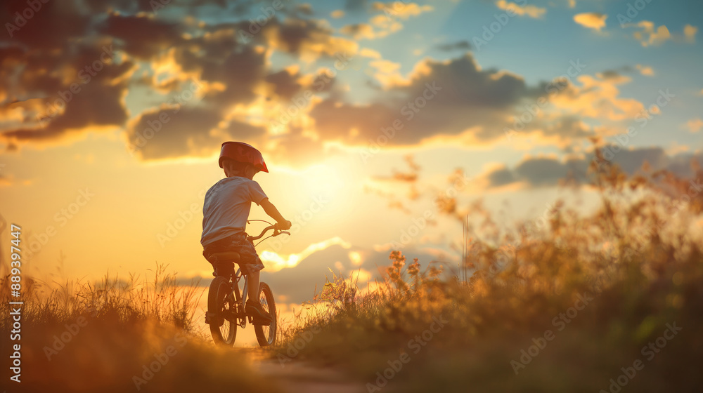A child rides a bicycle along a dirt road in a field. A child rides a bicycle along a dirt road in a field.
