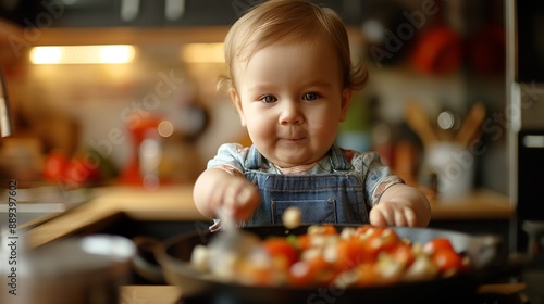 funny kid are preparing the food in the kitchen