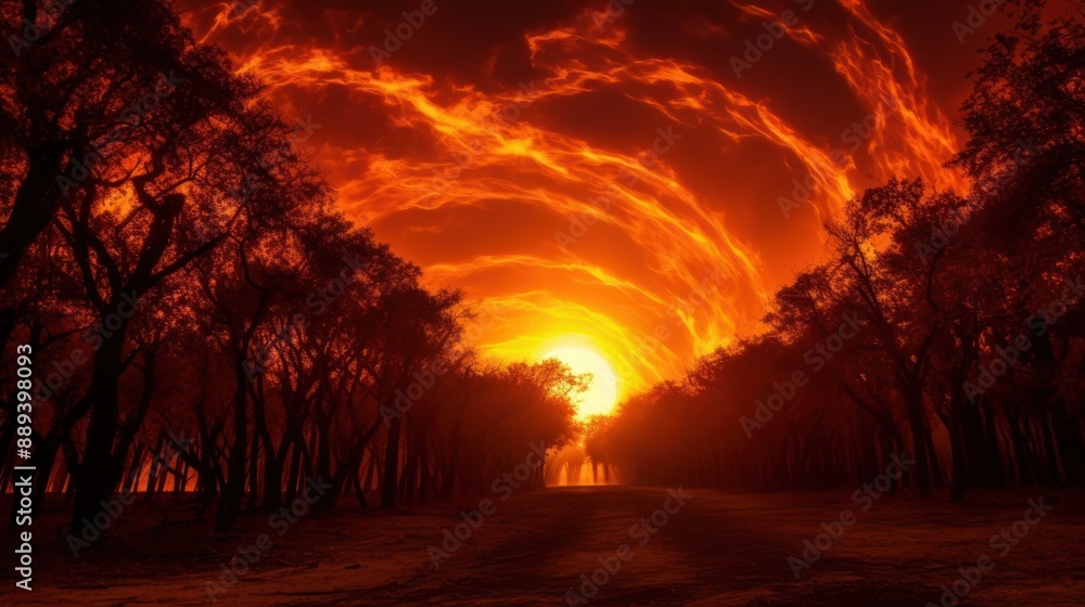 Fiery Sunset Through a Forest Fiery Sunset Through a Forest