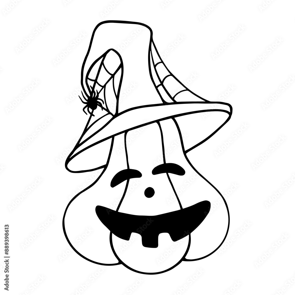 Sketch,doodle of a funny pumpkin character in a witch's hat and with a spider in its web.Vector graphics. Sketch,doodle of a funny pumpkin character in a witch's hat and with a spider in its web.Vector graphics.