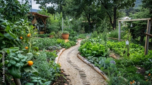 garden with a permaculture design, with plants and growing techniques that promote biodiversity generative ai