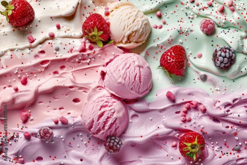 A top view wallpaper with ice cream balls, strawberries, almonds, oranges, and cherries A top view wallpaper with ice cream balls, strawberries, almonds, oranges, and cherries