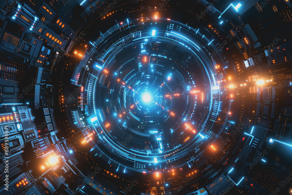 Blue and Silver light, Explore the futuristic vistas of an abstract radial technology city. Blue and Silver light, Explore the futuristic vistas of an abstract radial technology city.