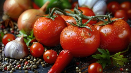 Tomatoes, peppers, and onions with various spices, representing abundance and variety