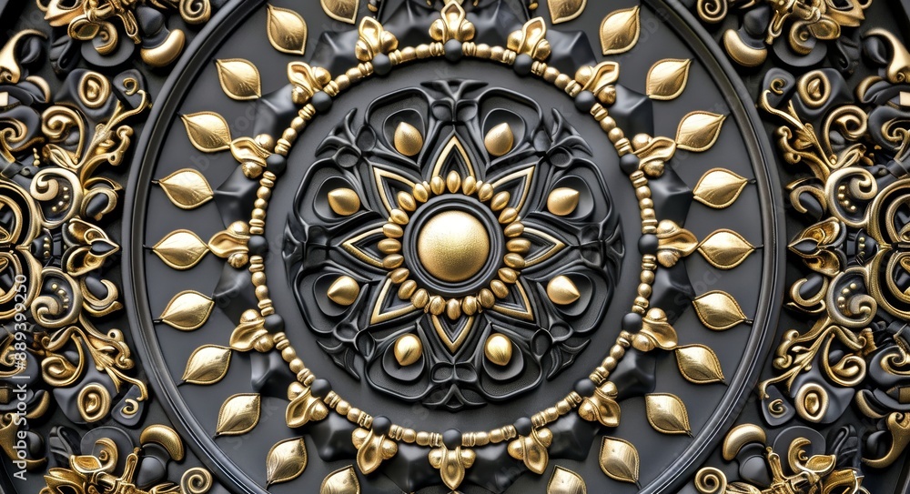 Design for a 3D wallpaper for a ceiling featuring a black and golden mandala decoration model against a decorative frame. Design for a 3D wallpaper for a ceiling featuring a black and golden mandala decoration model against a decorative frame.