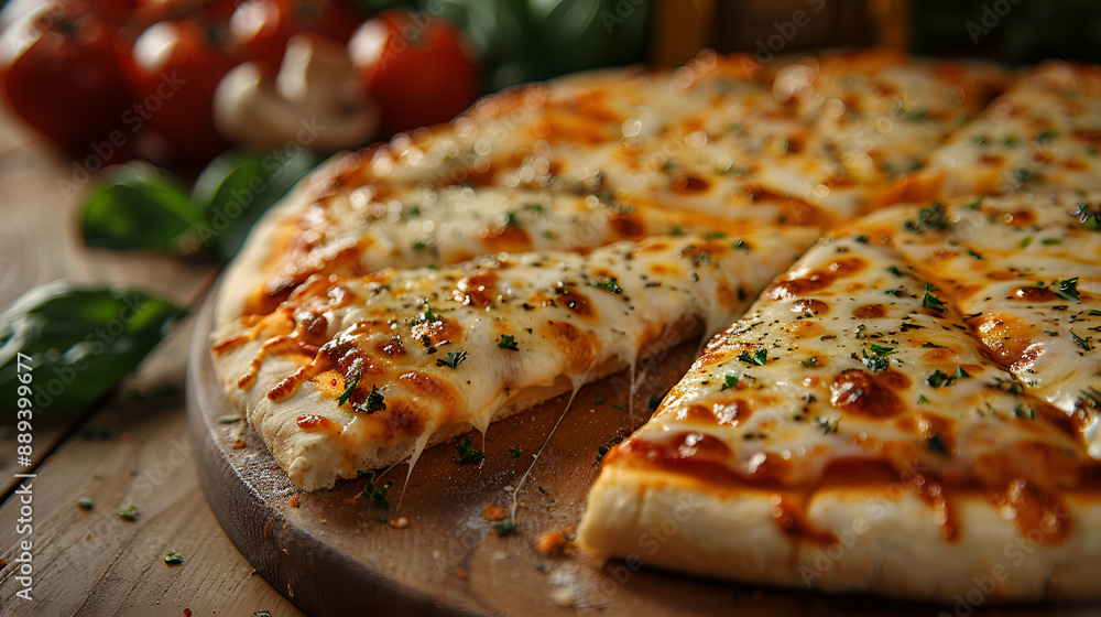 Pizza with mozzarella cheese and basil on a wooden board Pizza with mozzarella cheese and basil on a wooden board