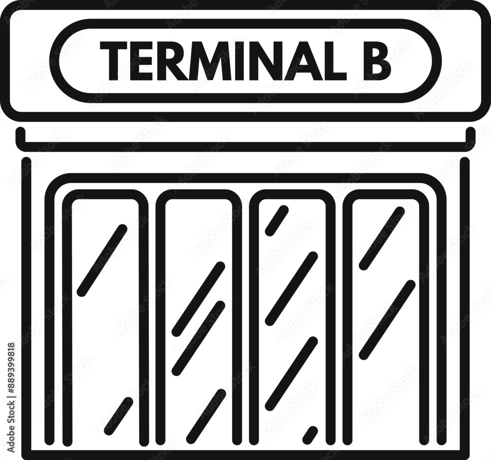 Simple icon of an airport terminal building exterior showing multiple glass doors for passengers entering and exiting Simple icon of an airport terminal building exterior showing multiple glass doors for passengers entering and exiting