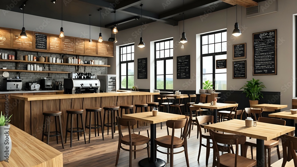 Modern industrial cafe interior with wooden tables and chairs. Modern industrial cafe interior with wooden tables and chairs.