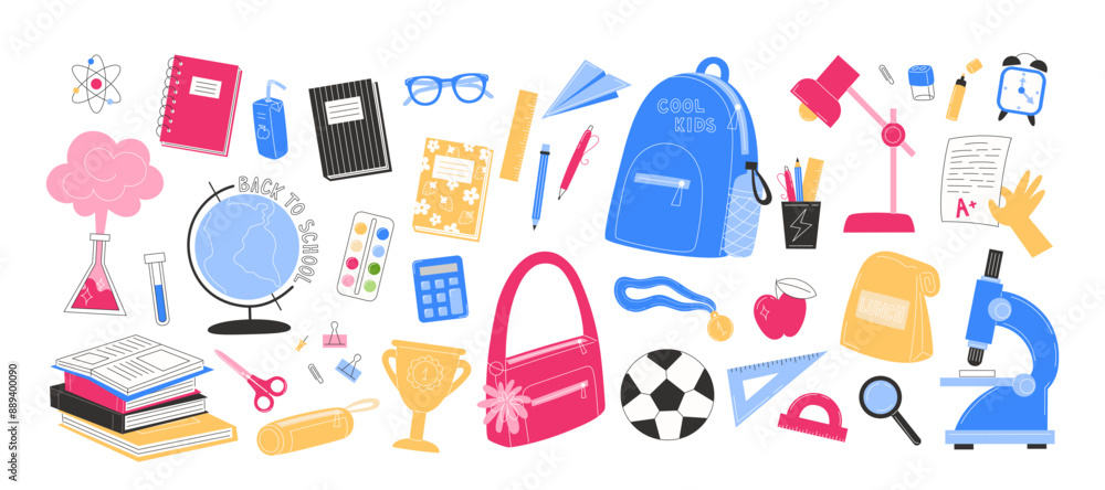 Set of cute school supplies elements in flat style Set of cute school supplies elements in flat style