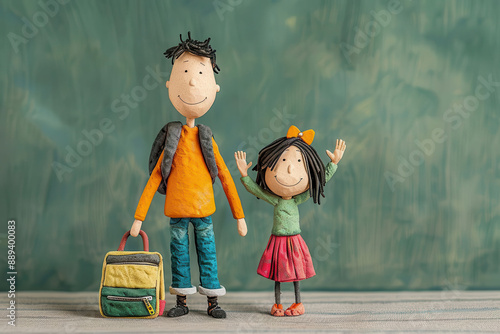 3D clay parent waving goodbye to child, morning drop-off, back to school photo