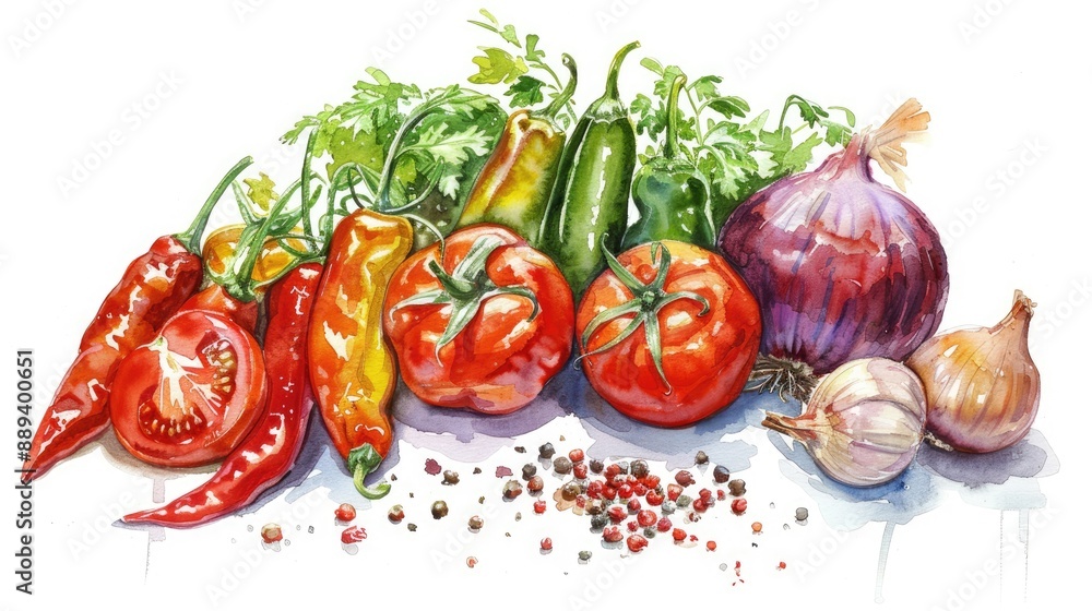 Watercolor paintings of various vegetables and spices including tomatoes, peppers, and onions Watercolor paintings of various vegetables and spices including tomatoes, peppers, and onions