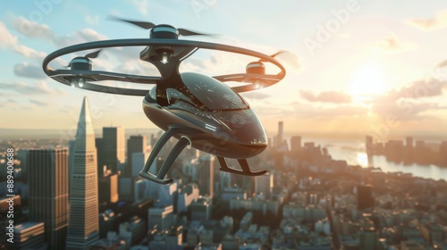 futuristic roto passenger drone flying in the sky over city for future air transportation and robotaxi concept with copy space photo