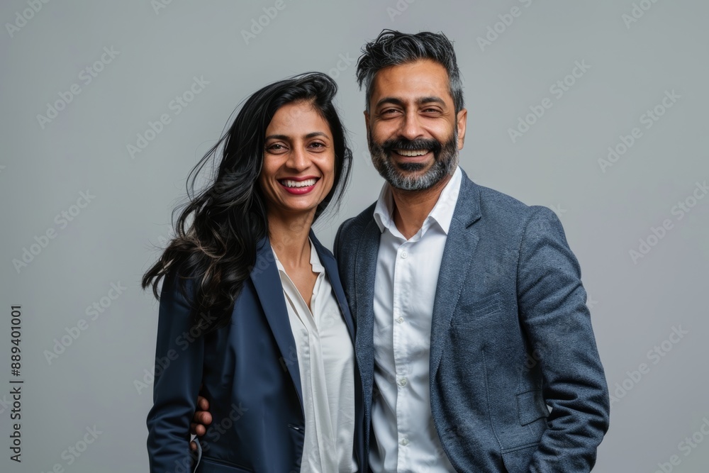 Portrait of a happy indian couple in their 30s dressed in a stylish blazer in blank studio backdrop