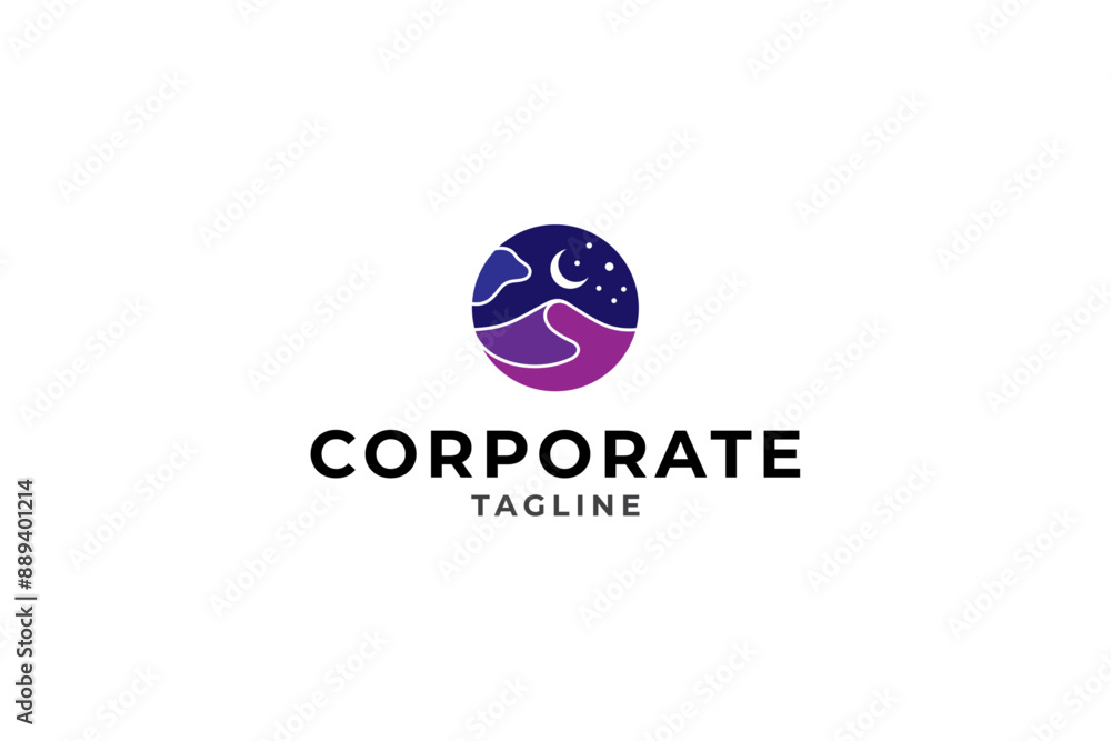 Desert at night decorated with crescent moon and stars in circle frame flat logo design style Desert at night decorated with crescent moon and stars in circle frame flat logo design style