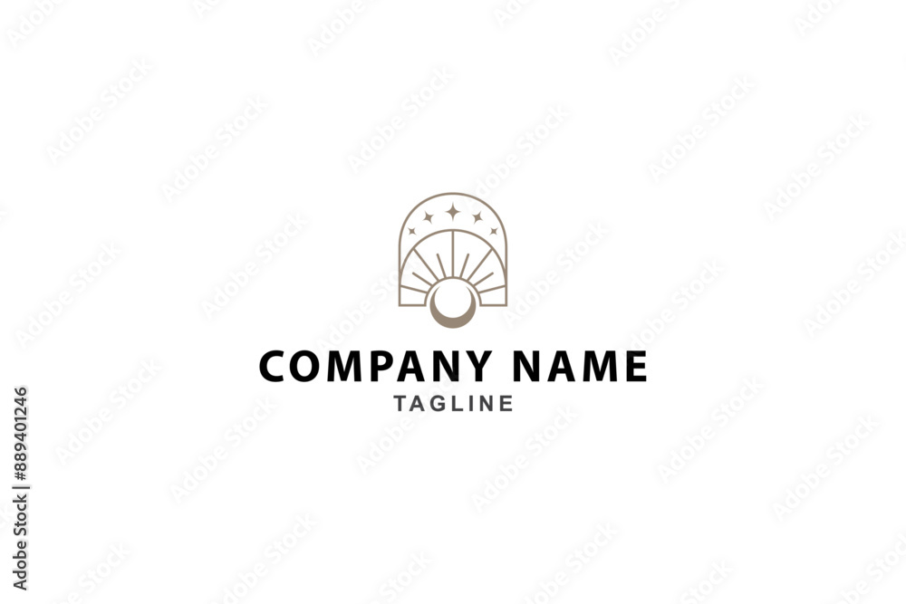 shining sun logo in frame with line art bohemian design style shining sun logo in frame with line art bohemian design style
