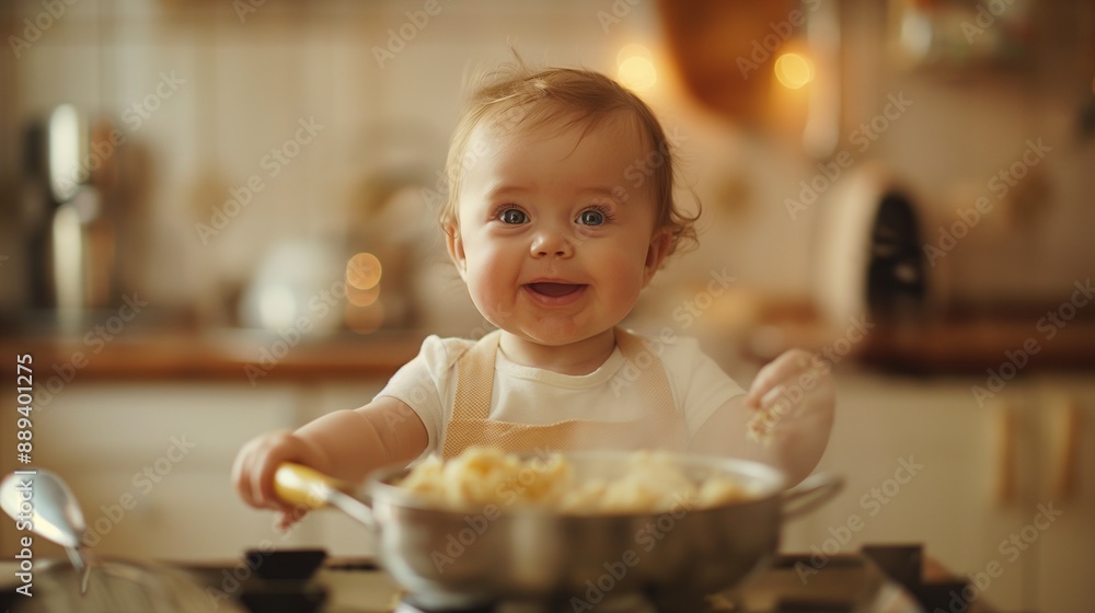 funny kid are preparing the food in the kitchen