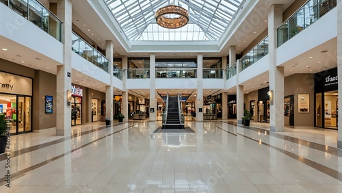 Empty shopping mall interior with a glass ceiling and escalator.