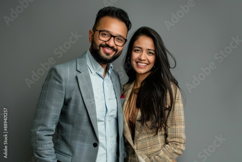 Portrait of a happy indian couple in their 30s dressed in a stylish blazer in front of blank studio backdrop