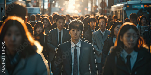 Crowd of Asian business commuters people walking street