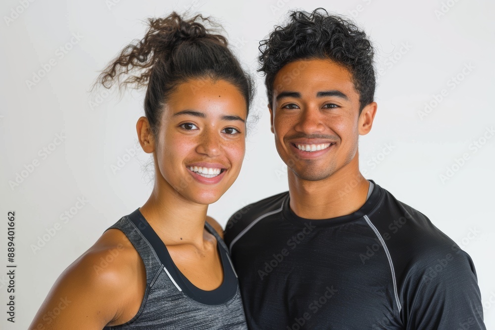 Portrait of a smiling mixed race couple in their 20s wearing a moisture-wicking running shirt in front of blank studio backdrop Portrait of a smiling mixed race couple in their 20s wearing a moisture-wicking running shirt in front of blank studio backdrop