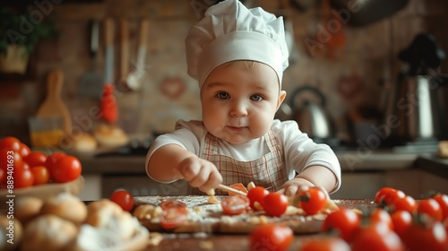 funny kid are preparing the food in the kitchen