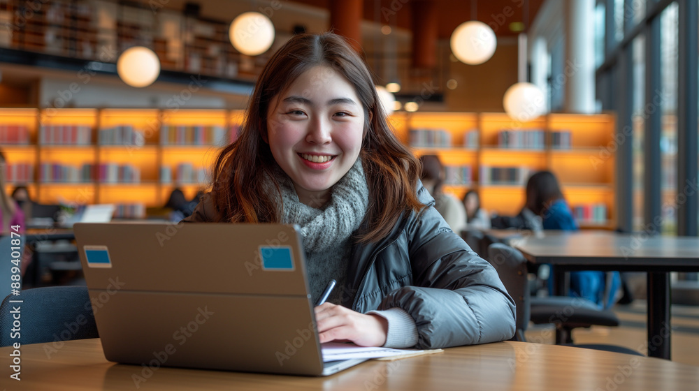 asian girl studying in a library with laptop asian girl studying in a library with laptop