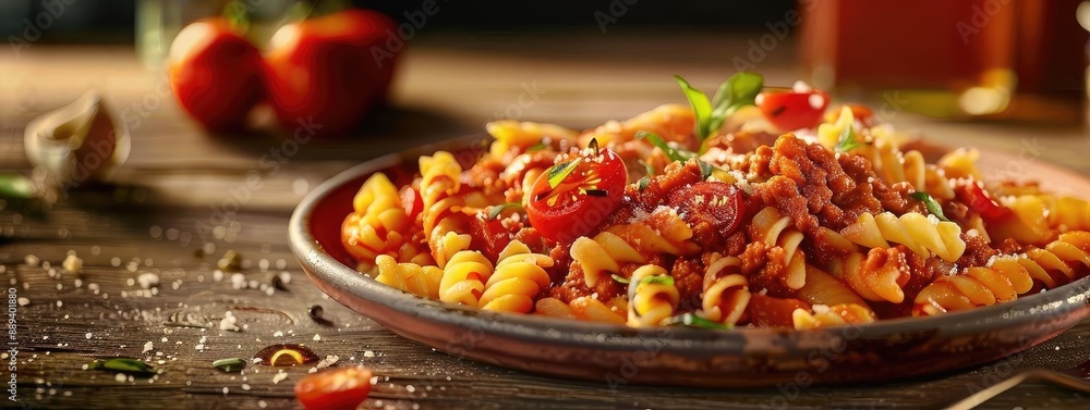 Delicious plate of fusilli pasta topped with tomato sauce, fresh herbs, and grated cheese, served in a rustic setting with ingredients around. Delicious plate of fusilli pasta topped with tomato sauce, fresh herbs, and grated cheese, served in a rustic setting with ingredients around.