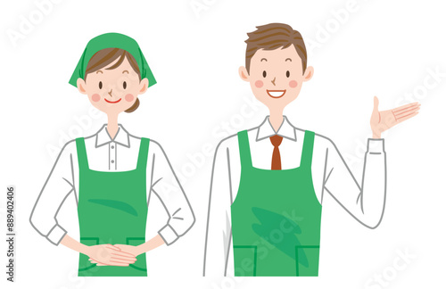 スーパーの店員のイラスト　スタッフ 家事代行　エプロンをした男女　主婦パート