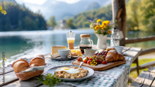 Lakeside Breakfast with juice mokka coffee maker croassant pastries