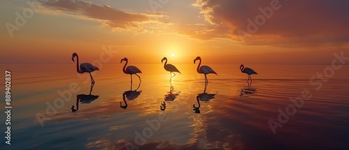Wallpaper Mural AI generator image of silhouettes of flamingos at sunset with reflections Wide viewing angle, panorama Torontodigital.ca