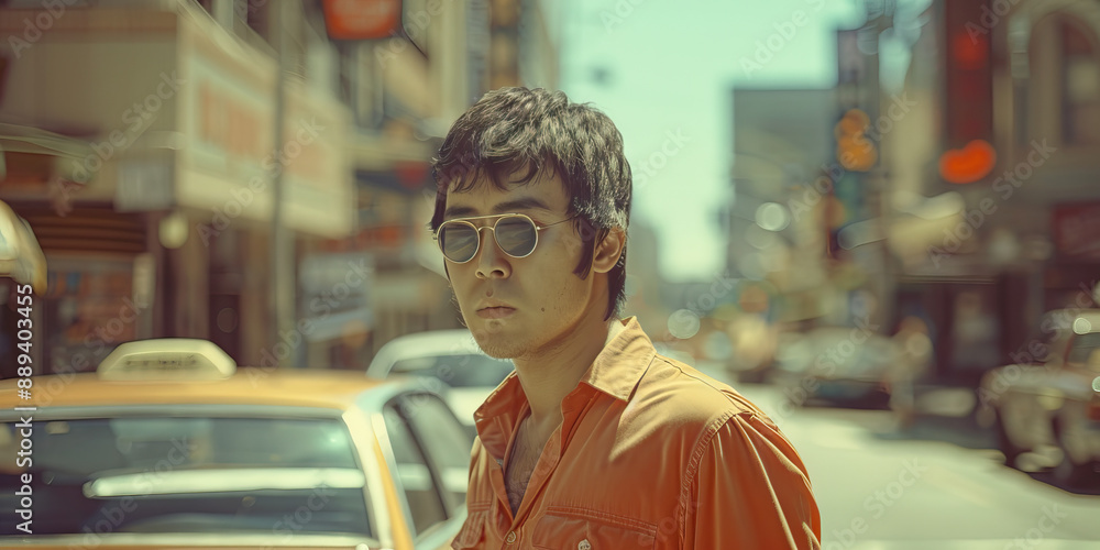 Fashionable Asian man in 1970s on city street Fashionable Asian man in 1970s on city street