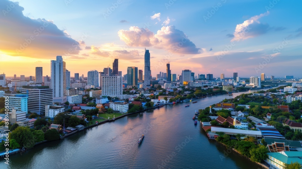 Fototapeta premium Vibrant Urban Contrast: Modern Infrastructure and Traditional Culture in a Bustling Thai City