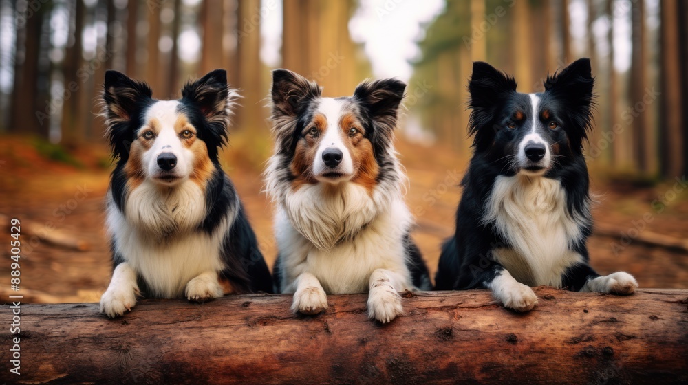 Three Border Collies Posing on a Log in a Forest Three Border Collies Posing on a Log in a Forest