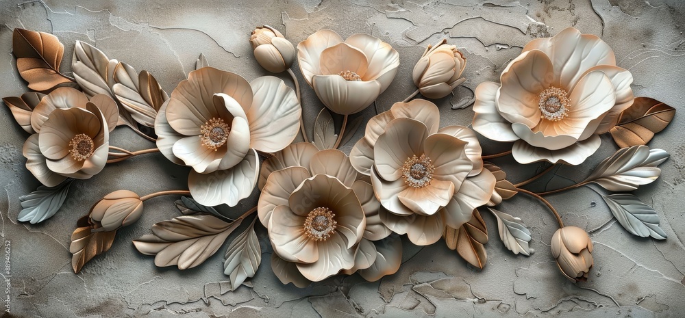 This wallpaper for the interior features a lot of large flowers buds drawn on a textured shabby wall This wallpaper for the interior features a lot of large flowers buds drawn on a textured shabby wall