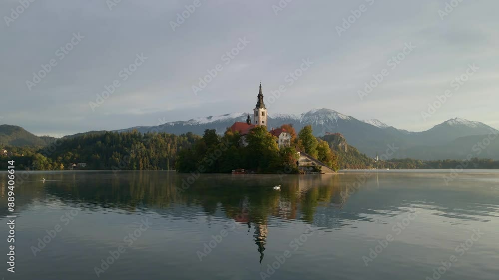 Aerial view of picturesque church and island on Lake Bled, Slovenia. Aerial view of picturesque church and island on Lake Bled, Slovenia.