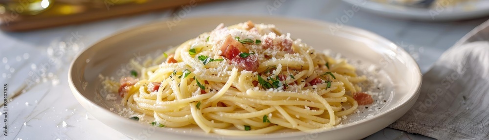Delicious spaghetti pasta with vegetables and grated cheese served on a white plate in a cozy dining setting. Delicious spaghetti pasta with vegetables and grated cheese served on a white plate in a cozy dining setting.
